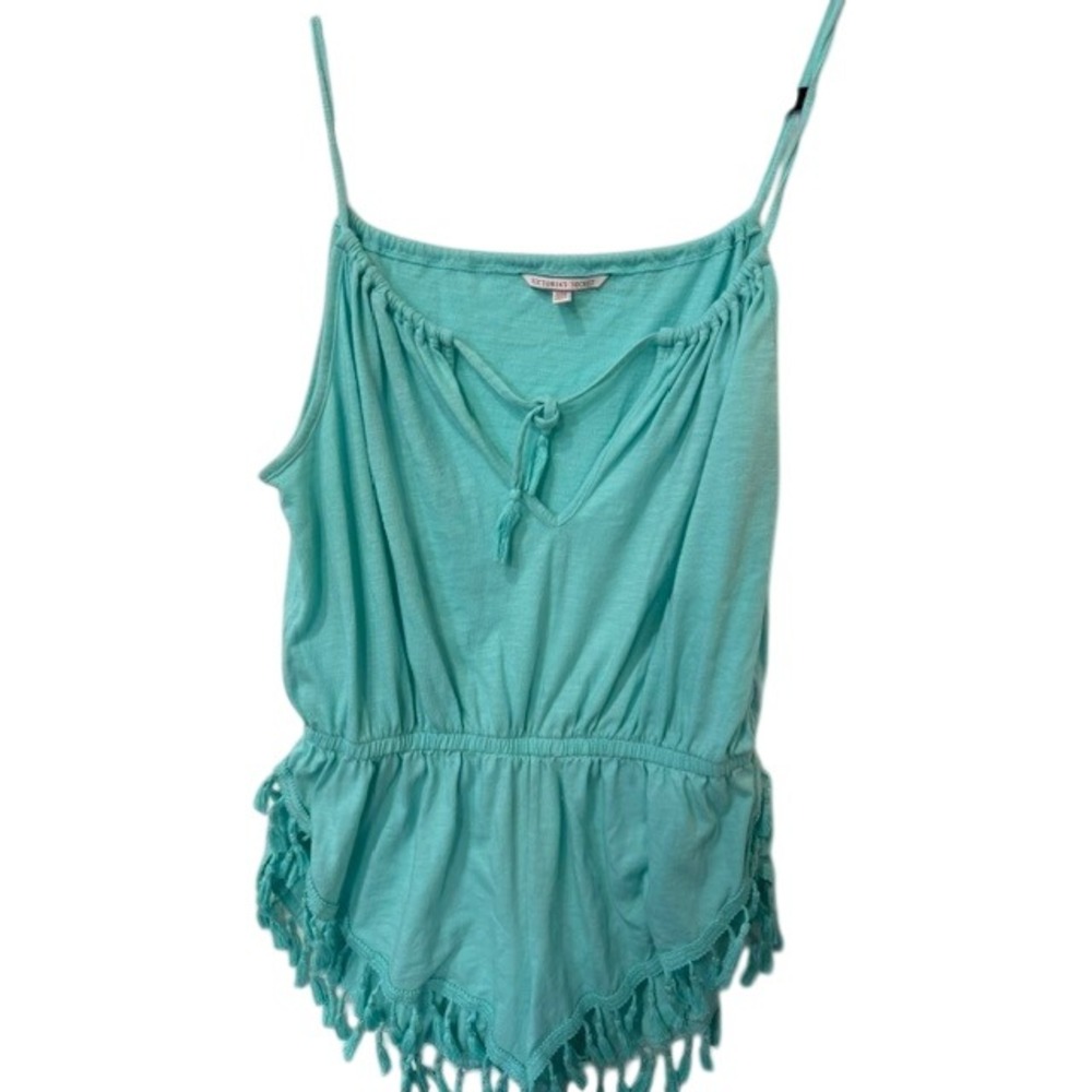 Victoria's Secret Turquoise Fringe Hem Romper XS Drawstring Neck Tassel Boho